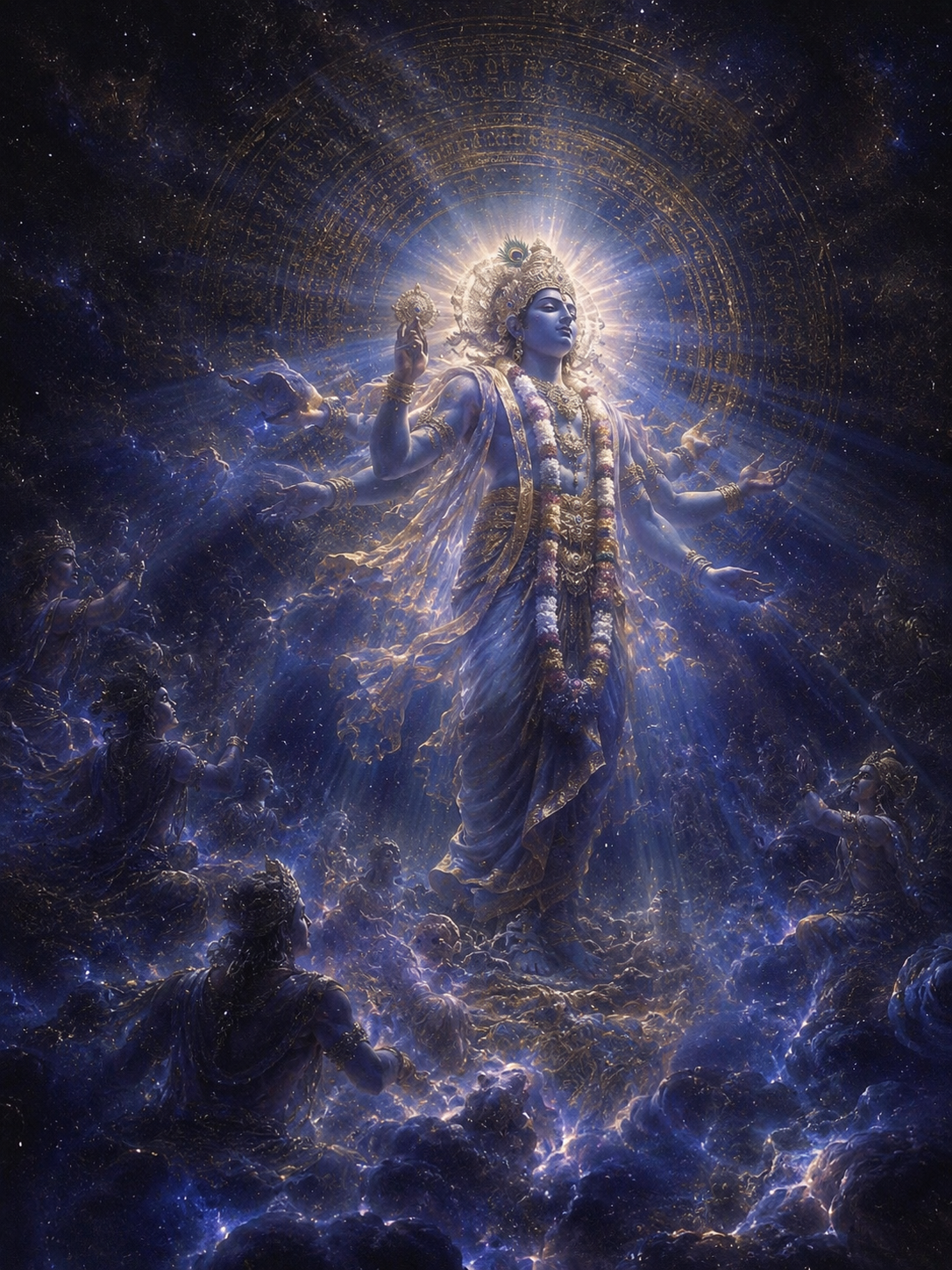 Lord Vishnu in his cosmic form, standing among the stars with a peacock feather crown
