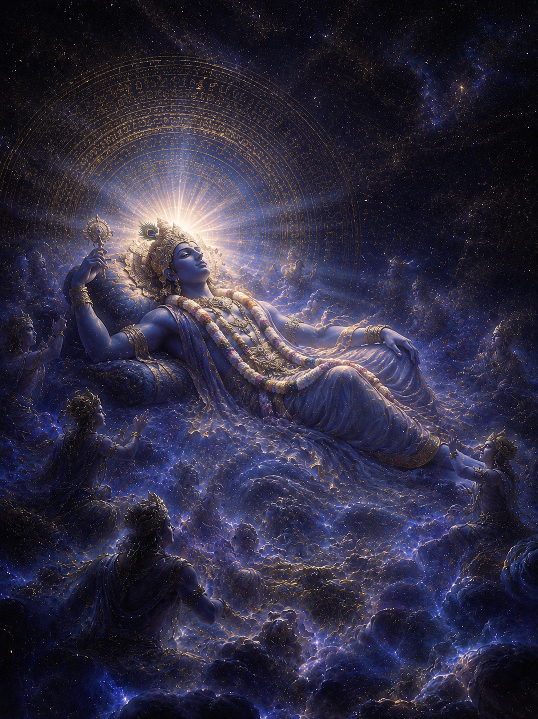 Lord Vishnu reclining amid nebula clouds, radiant with the light of a thousand stars